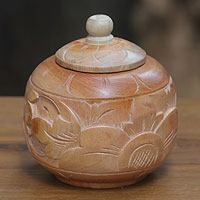 Decorative wood jar, 'Bali Bougainvillea II' - Decorative mahogany wood jar
