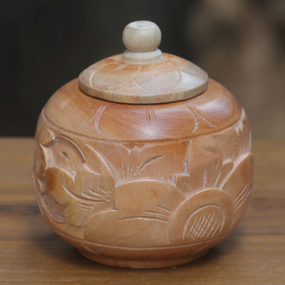 Decorative wood jar, 'Bali Bougainvillea II' - Decorative mahogany wood jar