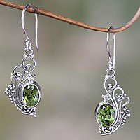 Peridot dangle earrings, 'Green Peacock's Feather' - Lacy Peridot and Sterling Silver Dangle Earrings