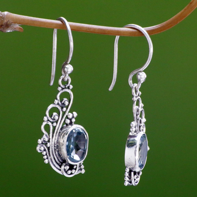 Blue topaz dangle earrings, 'Blue Peacock's Feather' - Lacy Blue Topaz and Silver Dangle Earrings from Bali