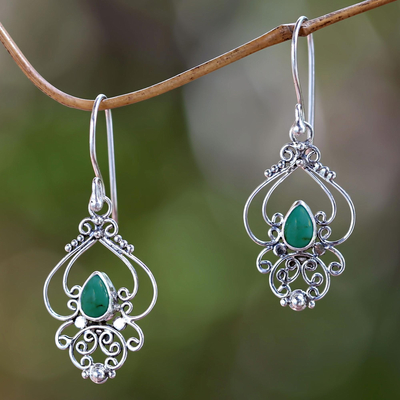 Turquoise dangle earrings, 'Turquoise Arabesque' - Ornate Natural Turquoise Dangle Earrings from Bali