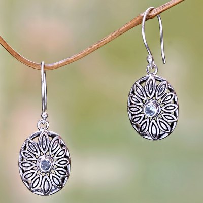 Blue topaz dangle earrings, 'Bali Bloom' - Sterling Silver Blue Topaz Flower Dangle Earrings from Bali