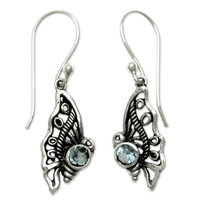 Blue topaz dangle earrings, 'Kupu-Kupu' - Blue Topaz Butterfly Dangle Earrings from Bali