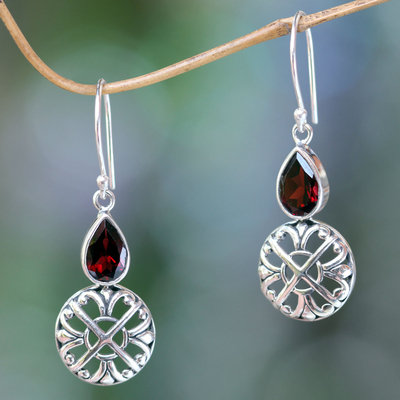 Garnet dangle earrings, 'Red Bali Cakra' - Hand-Crafted Sterling Silver and Garnet Dangle Earrings