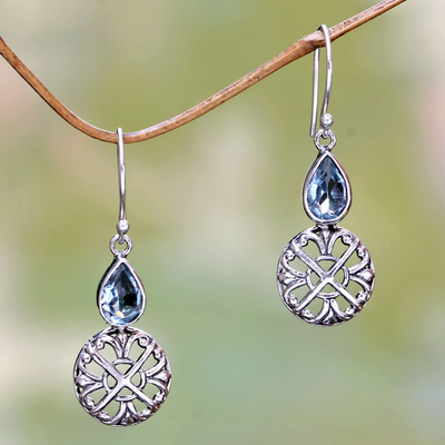 Blue topaz dangle earrings, 'Blue Bali Cakra' - Handmade Sterling Silver and Blue Topaz Dangle Earrings