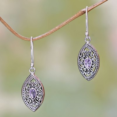 Amethyst dangle earrings, 'Karma Shield' - Ornate Sterling Silver and Amethyst Earrings from Bali