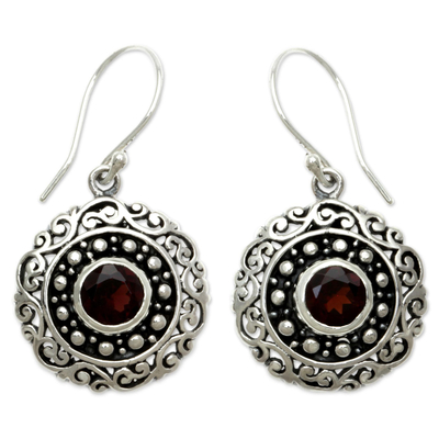 Garnet dangle earrings, 'Solar Flares' - Round Sterling Silver and Garnet Dangle Earrings