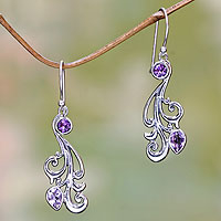 Amethyst dangle earrings, 'Vineyard Grapes' - Silver and Amethyst Dangle Earrings from Bali