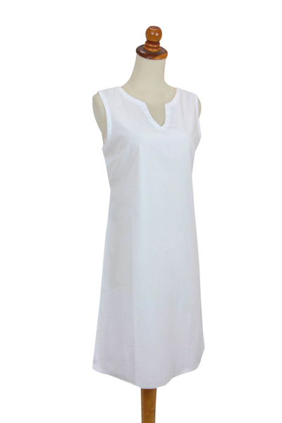 Vestido recto de algodón - Vestido recto sin mangas de algodón blanco liso hecho a mano