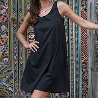 Sleeveless cotton A-line dress, 'Melati in Black' - Fair Trade Sleeveless Short Black Cotton Sundress