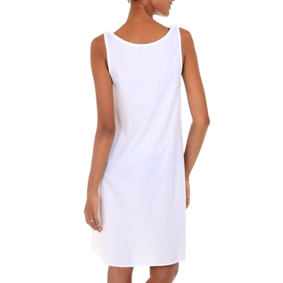 Sleeveless cotton A-line dress, 'Melati in White' - Women's White Sleeveless Cotton Dress from Bali