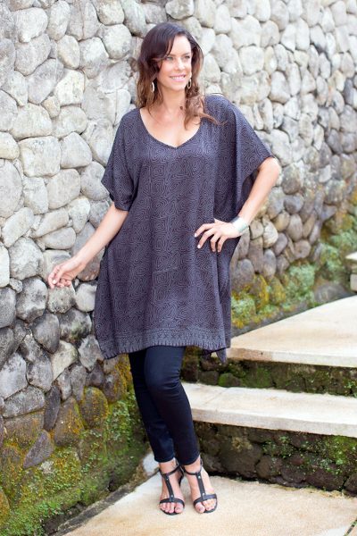 Rayon batik caftan, 'Swirling Waters' - Gray and Black Rayon Caftan with Hand-Stamped Pattern