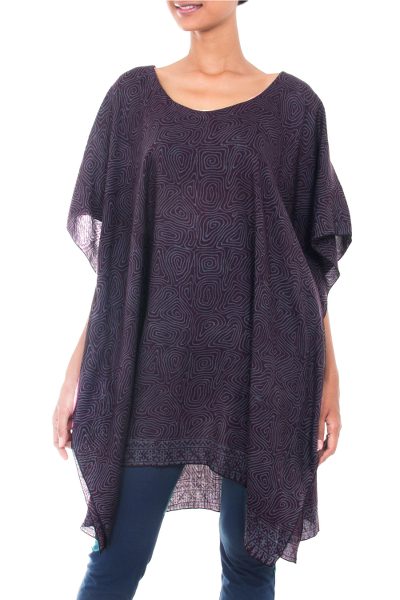Rayon batik caftan, 'Swirling Waters' - Gray and Black Rayon Caftan with Hand-Stamped Pattern