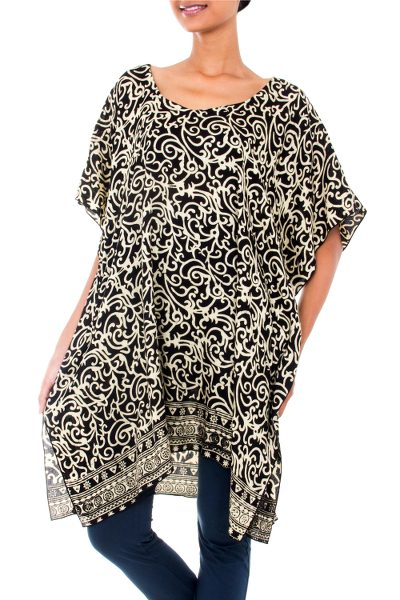 Rayon batik caftan, 'Sunlit Fern' - Pale Yellow and Black Hand-Stamped Rayon Caftan