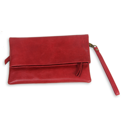 Red Leather Wristlet Handbag from Bali - Crimson Charm | NOVICA