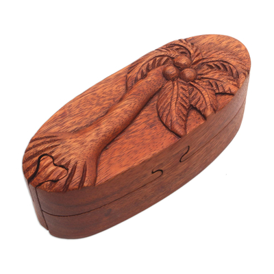 Wood puzzle box, 'Coconut Palm' - Hand Carved Wood Puzzle Box with Palm Tree