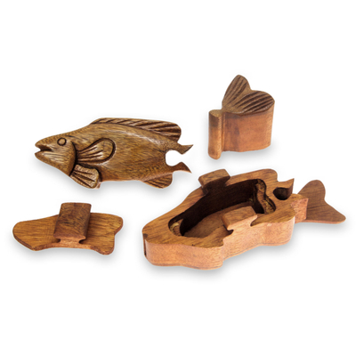 Wood puzzle box, 'Tropical Fish' - Indonesian Tropical Fish Wood Puzzle Box