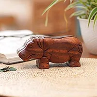 Holz-Puzzle-Box, 'Hippopotamus' - Handgefertigte Nilpferd-Puzzle-Box aus Bali