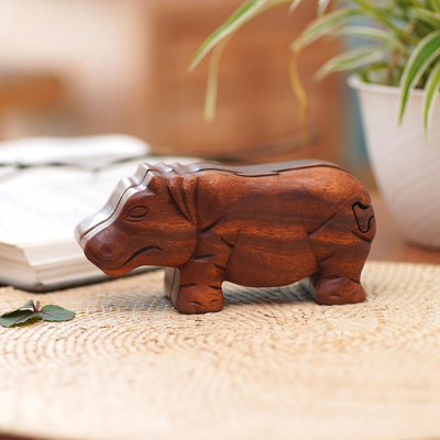 Wood puzzle box, 'Hippopotamus' - Handmade Hippopotamus Wood Puzzle Box from Bali