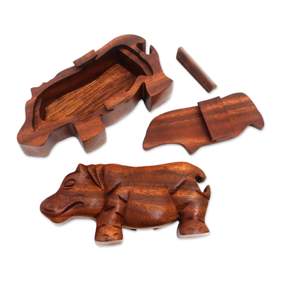 Wood puzzle box, 'Hippopotamus' - Handmade Hippopotamus Wood Puzzle Box from Bali