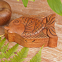 Wood puzzle box, 'Pacific Fish' - Hand Carved Wood Fish Puzzle Box from Bali