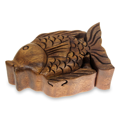 Hand Carved Wood Fish Puzzle Box from Bali