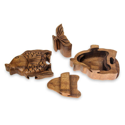 Wood puzzle box, 'Pacific Fish' - Hand Carved Wood Fish Puzzle Box from Bali