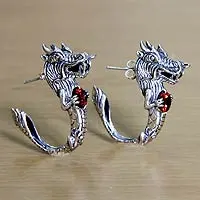 Garnet half-hoop earrings, 'Dragon's Heart' - Indonesian Sterling Silver Dragon Half Hoop Earrings