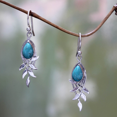 Sterling silver dangle earrings, 'Balinese Bay Leaf' - Sterling Silver and Reconstituted Turquoise Earrings