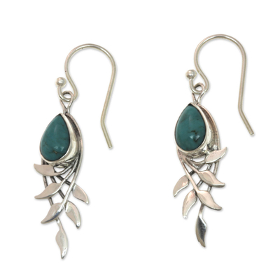 Sterling silver dangle earrings, 'Balinese Bay Leaf' - Sterling Silver and Reconstituted Turquoise Earrings