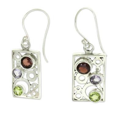 Multi-gemstone dangle earrings, 'Color Bubbles' - Gemstone and Sterling Silver Dangle Earrings from Bali