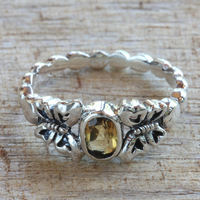 Citrine cocktail ring, 'Honey and Butterflies' - Hand Crafted Citrine Sterling Silver Butterfly Cocktail Ring