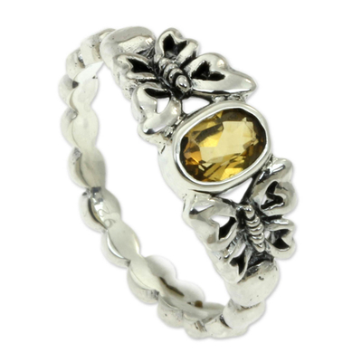 Citrine cocktail ring, 'Honey and Butterflies' - Hand Crafted Citrine Sterling Silver Butterfly Cocktail Ring