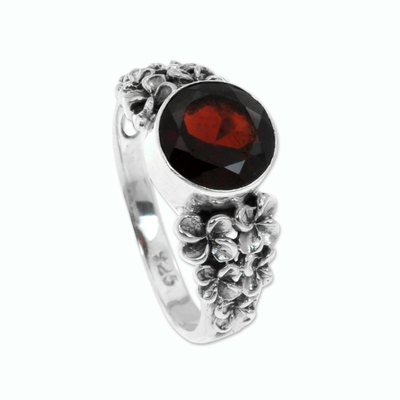Garnet flower ring, 'Crimson Frangipani' - Garnet and Sterling Silver Flower Ring