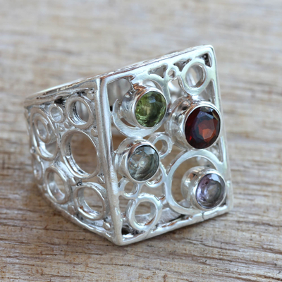Multi-gemstone cocktail ring, 'Color Bubbles' - Multi-gemstone Sterling Silver Cocktail Ring from Bali