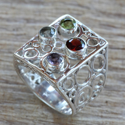 Multi-gemstone cocktail ring, 'Color Bubbles' - Multi-gemstone Sterling Silver Cocktail Ring from Bali
