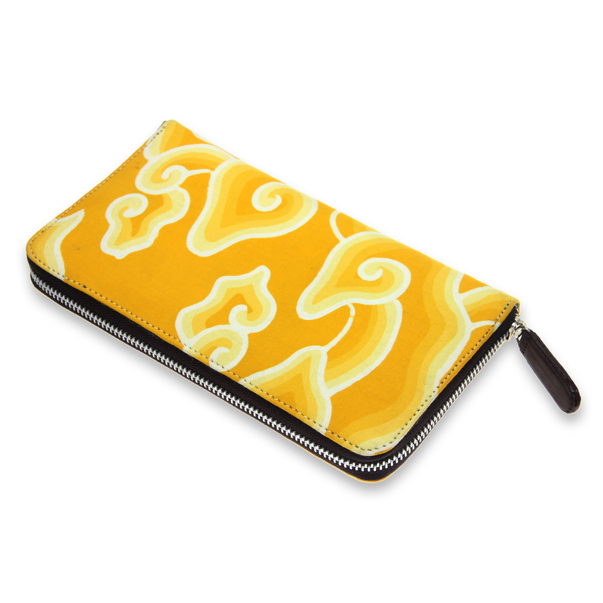 Yellow Cotton Batik Wallet with Zipper - Javanese Sky | NOVICA