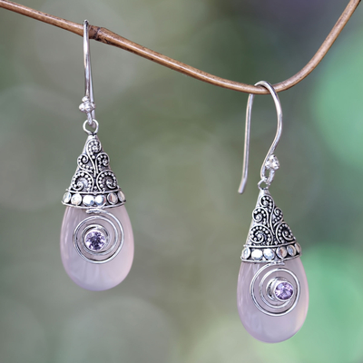 Rose quartz dangle earrings, 'Mount Bromo Dawn' - Rose Quartz and Amethyst Sterling Silver Dangle Earrings