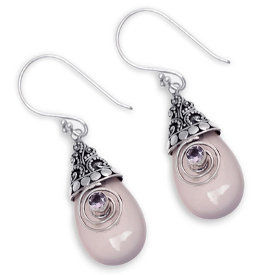 Rose quartz dangle earrings, 'Mount Bromo Dawn' - Rose Quartz and Amethyst Sterling Silver Dangle Earrings
