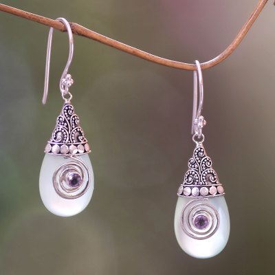 Chalcedony dangle earrings, 'Mount Bromo Mist' - Chalcedony and Amethyst Sterling Silver Dangle Earrings