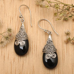 Onyx dangle earrings, 'Misty Mountain' - Onyx and Sterling Silver Dangle Earrings from Bali