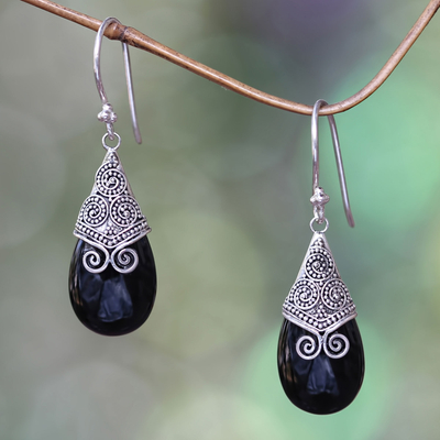 Onyx dangle earrings, 'Misty Mountain' - Onyx and Sterling Silver Dangle Earrings from Bali