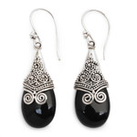 Onyx dangle earrings, 'Misty Mountain' - Onyx and Sterling Silver Dangle Earrings from Bali