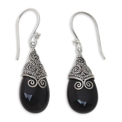 Onyx dangle earrings, 'Misty Mountain' - Onyx and Sterling Silver Dangle Earrings from Bali