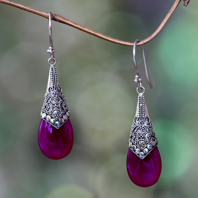 Chalcedony dangle earrings, 'Puncak Jaya in Pink' - Deep Pink Chalcedony and Silver Dangle Earrings from Bali