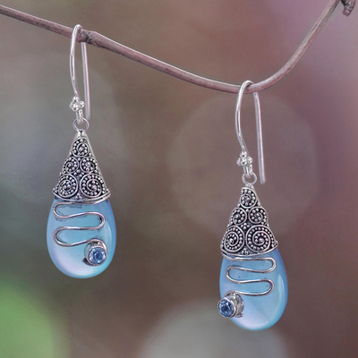 Chalcedony and blue topaz dangle earrings, 'Kintamani Plateau' - Blue Chalcedony and Blue Topaz Silver Earrings from Bali