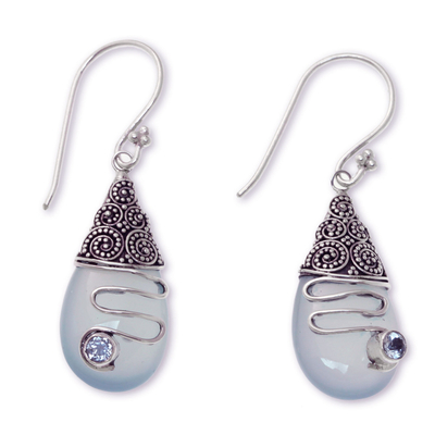 Chalcedony and blue topaz dangle earrings, 'Kintamani Highlands' - Aqua Chalcedony and Blue Topaz Sterling Silver Earrings