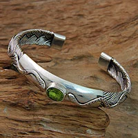 Peridot cuff bracelet, 'Baby Viper' - Snake Motif Cuff Bracelet with Peridot