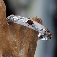 Garnet cuff bracelet, 'Baby Viper' - Indonesian Snake Motif Cuff Bracelet with Garnet