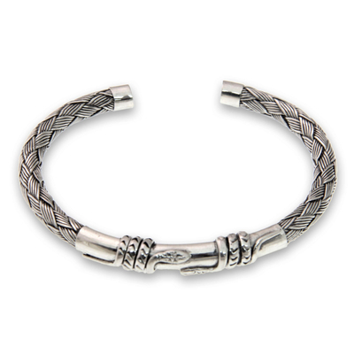 Sterling silver cuff bracelet, 'Balinese Serpents' - Snake Themed Sterling Silver Cuff Bracelet from Bali
